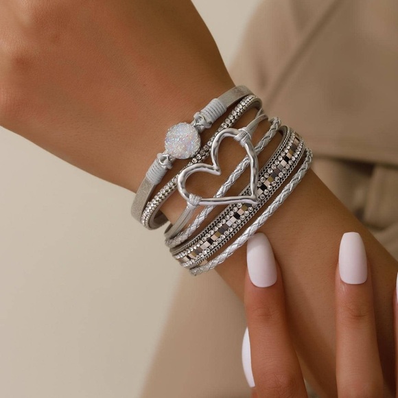None Jewelry - Boho Style Multilayer Silver Heart Charm and Druzy Stone Bracelet